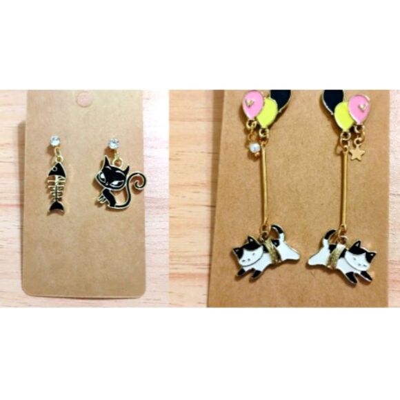 (2) Cute NEW Cat Earrings Black Cat w/Fish & Cat Floating w/Balloons Kitty Fun - Picture 1 of 3